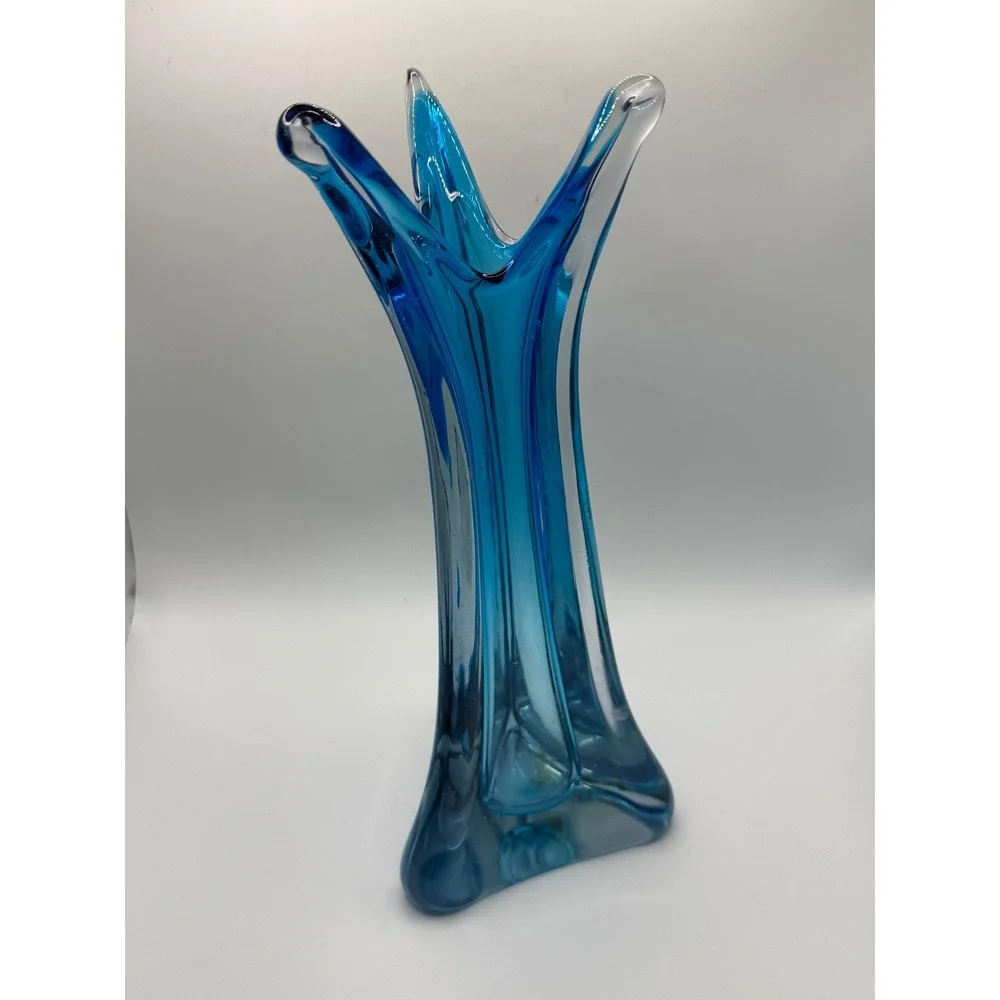 Vintage Blue Sommerso Art Glass Pulled Swung 3 Prong Vase Mid Century Modern 12